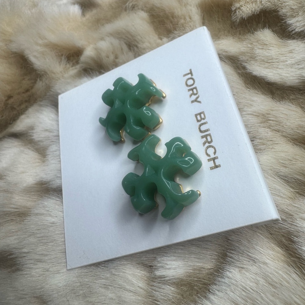 Tory Burch Green Logo Stud Earrings - Picture 5 of 12